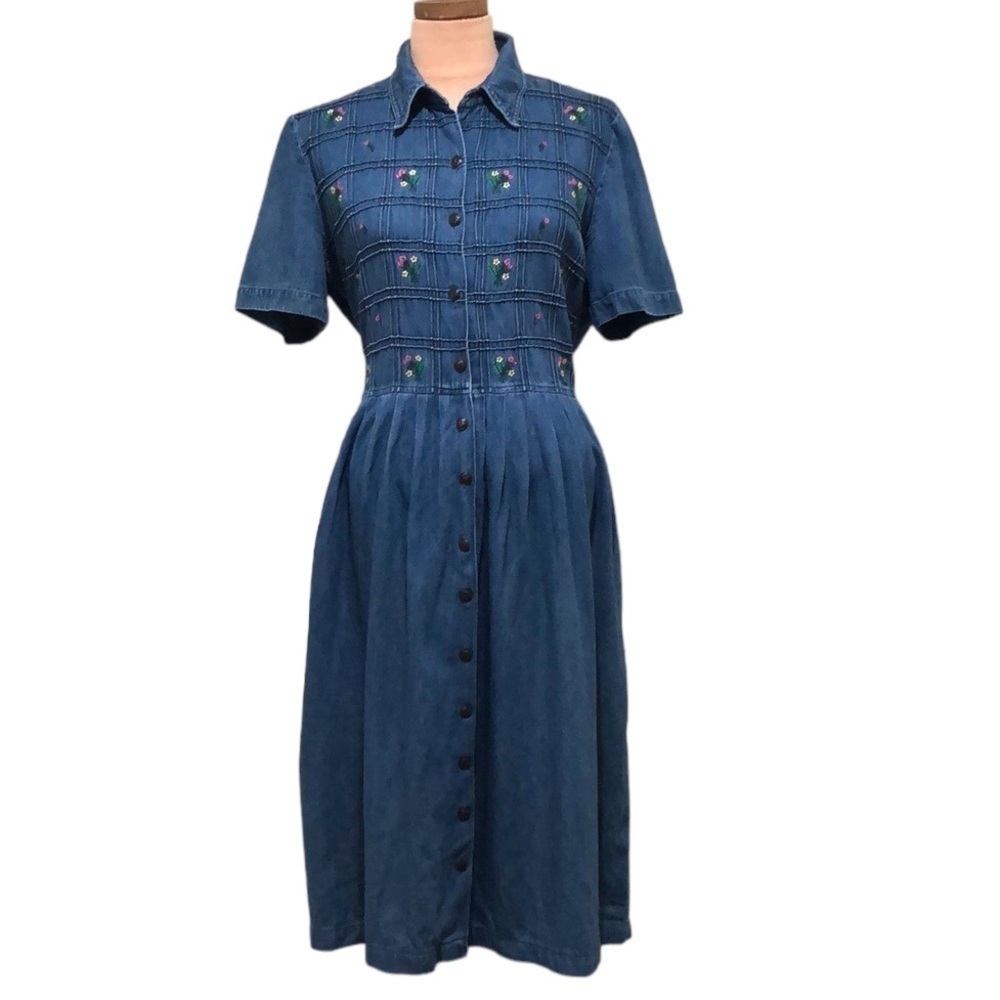Vintage Midi Dress Size Large Blue Chambray Denim Floral Embroidered